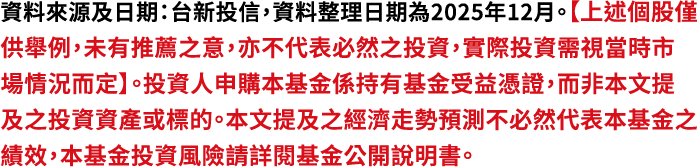 資料來源及日期：台新投信，資料整理日期為2025年12月。【上述個股僅供舉例，未有推薦之意，亦不代表必然之投資，實際投資需視當時市場情況而定】。投資人申購本基金係持有基金受益憑證，而非本文提及之投資資產或標的。本文提及之經濟走勢預測不必然代表本基金之績效，本基金投資風險請詳閱基金公開說明書。