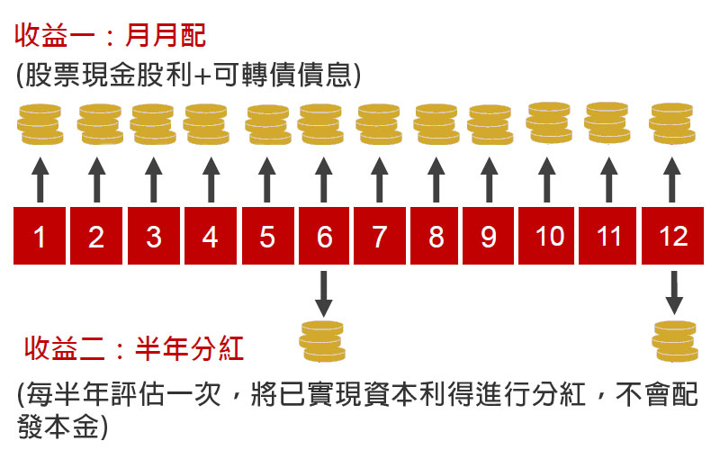 「雙收益」+「雙配息」，不配本金，達成領息及資本成長的雙重目標